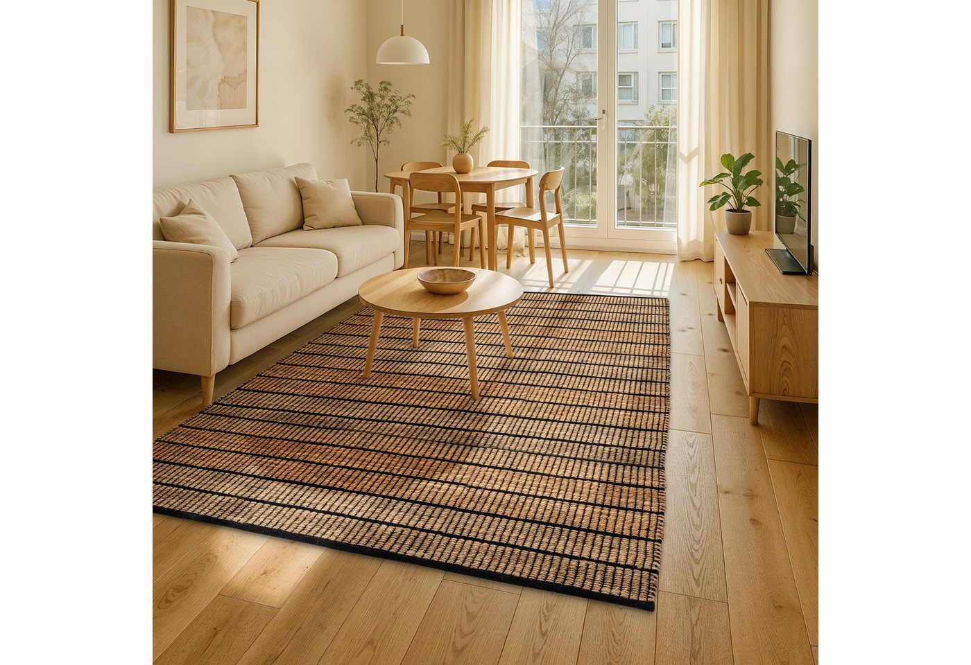 SCHÖNER WOHNEN-Kollektion Teppich Nalaya, rechteckig, Höhe: 10 mm, Jute/Baumwolle, rustikale Haptik, Streifenoptik, Wohnzimmer Bild 5