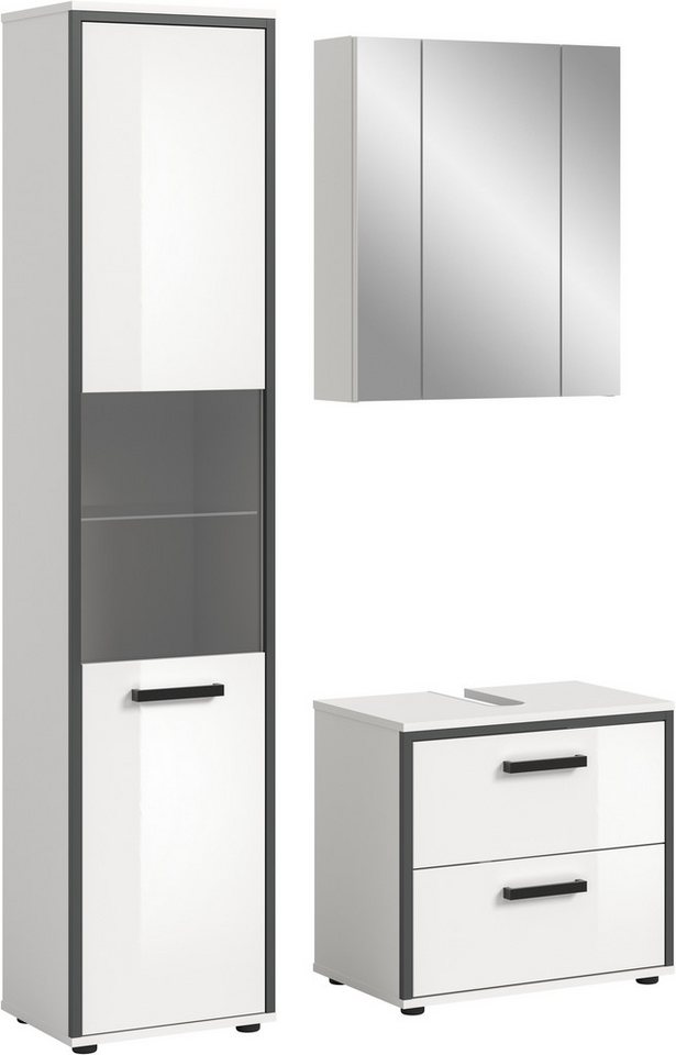 welltime Badmöbel-Set KAJO, 3-tlg. Badkombination, weiß hochglanz, (Set, 3-St., Set, best. aus:1Hochschrank,1Spiegelschrank,1Waschbeckenunterschrank), Bad-Kombination,Bad-Möbel,Badezimmer,Kombinationen,Kombi Bild 2