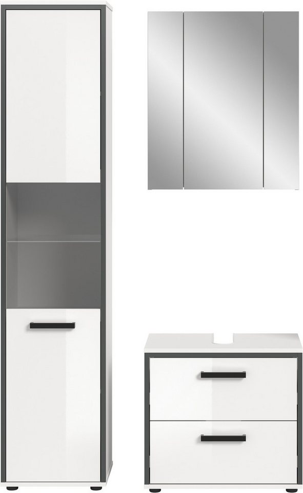 welltime Badmöbel-Set KAJO, 3-tlg. Badkombination, weiß hochglanz, (Set, 3-St., Set, best. aus:1Hochschrank,1Spiegelschrank,1Waschbeckenunterschrank), Bad-Kombination,Bad-Möbel,Badezimmer,Kombinationen,Kombi Bild 3