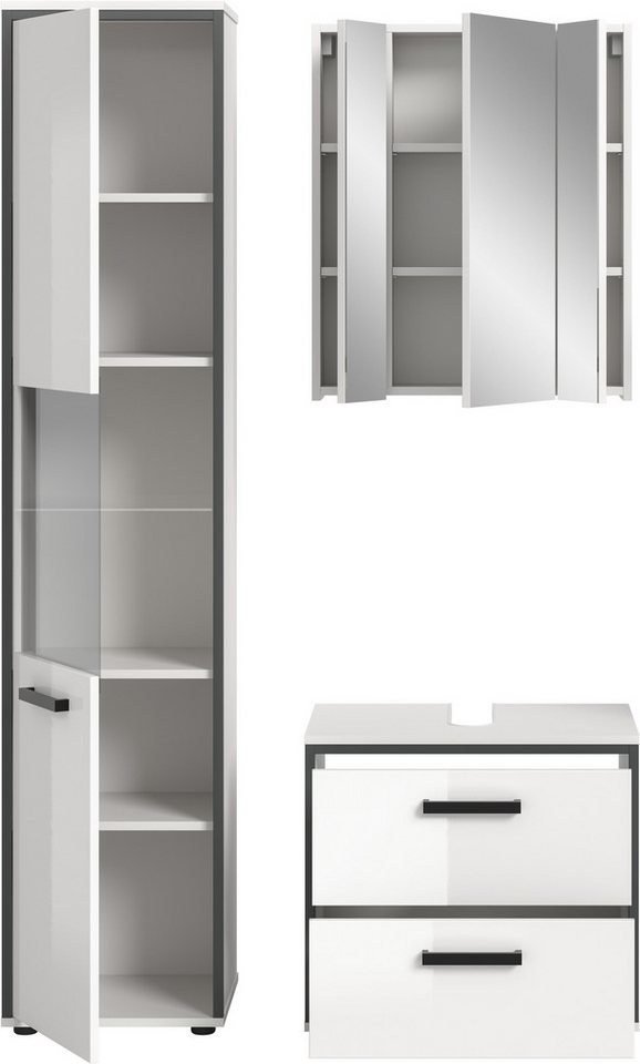 welltime Badmöbel-Set KAJO, 3-tlg. Badkombination, weiß hochglanz, (Set, 3-St., Set, best. aus:1Hochschrank,1Spiegelschrank,1Waschbeckenunterschrank), Bad-Kombination,Bad-Möbel,Badezimmer,Kombinationen,Kombi Bild 5