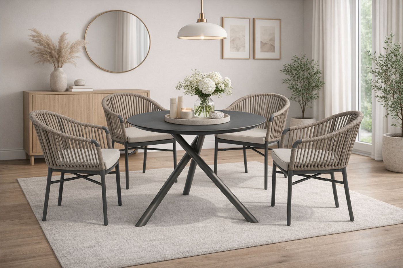 Destiny Garten-Essgruppe TORNO BARLETTA 4 Se + Tisch Ø110cm, grau/anthr., (Set, 5-tlg., 4 Stapelsessel inkl. Sitzkissen, 1 Tisch), Aluminium Rope, HPL