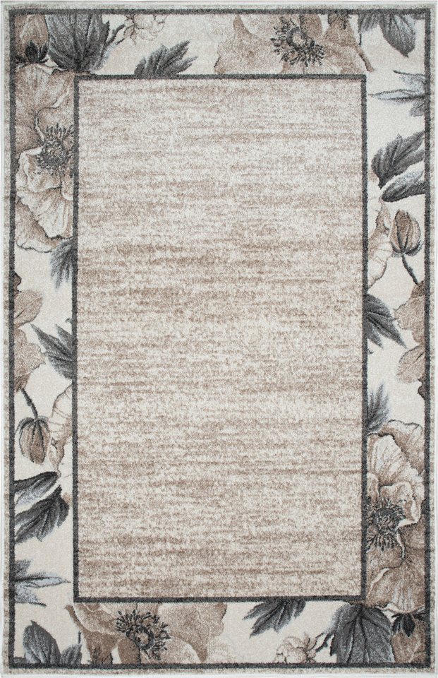 OTTO home Teppich Florent mit Rahmen, Blumen Design, rechteckig, Höhe: 9 mm, Floral, detailreiche Blüten, meliert, elegant, Wohnzimmer