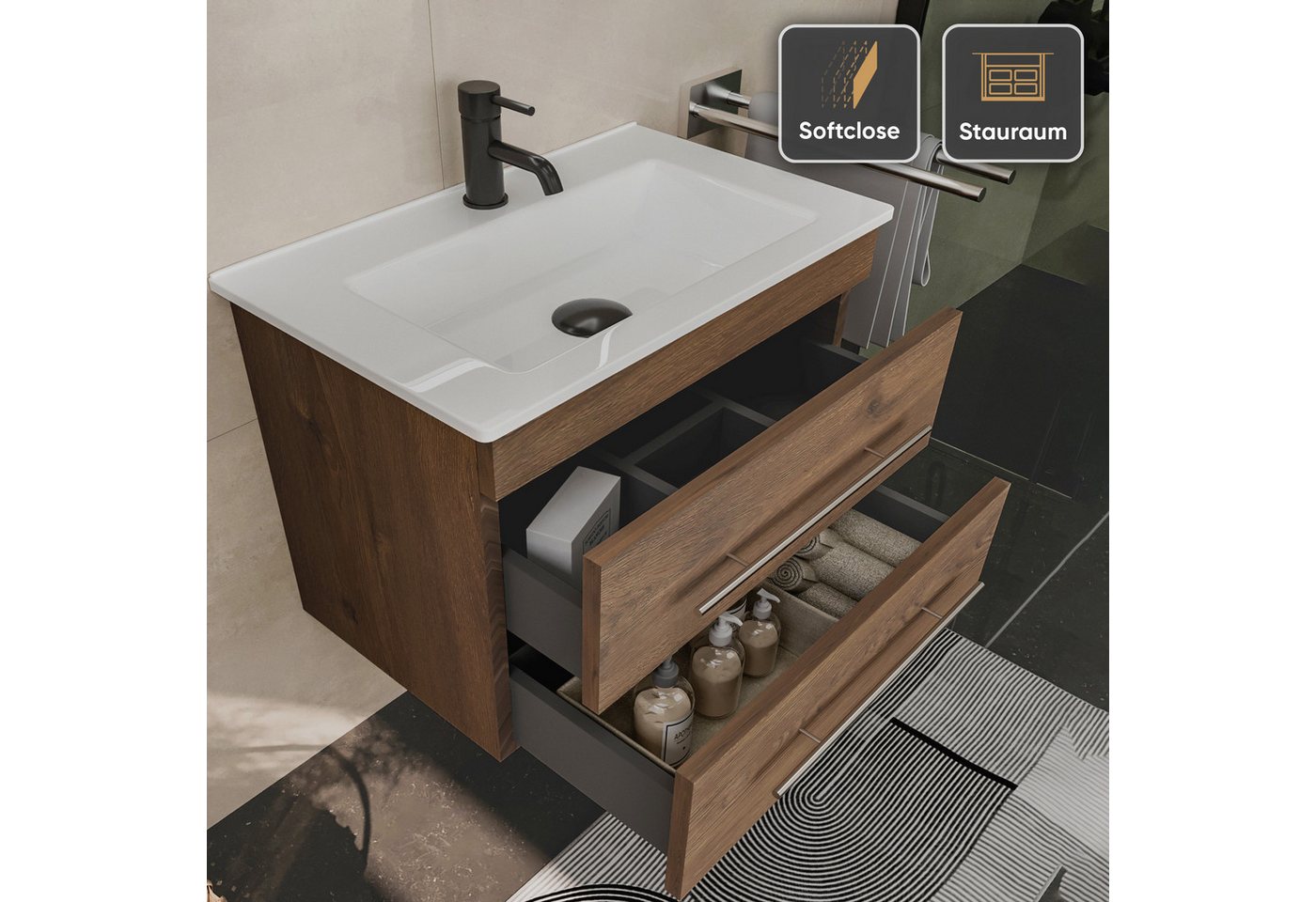 Alpenberger Badmöbel-Set Waschbecken mit Unterschrank - Waschbeckenunterschrank mit Schubladen, (Gäste WC Waschtisch Set, Badezimmer Möbel Set), Waschtisch mit Unterschrank Eiche - 60 cm Breit