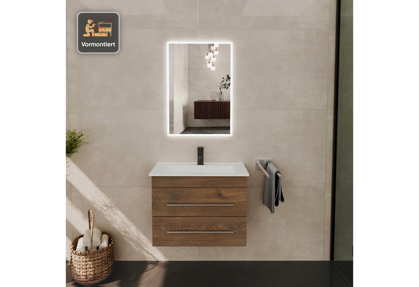 Alpenberger Badmöbel-Set Waschbecken mit Unterschrank - Waschbeckenunterschrank mit Schubladen, (Gäste WC Waschtisch Set, Badezimmer Möbel Set), Waschtisch mit Unterschrank Eiche - 60 cm Breit Bild 2
