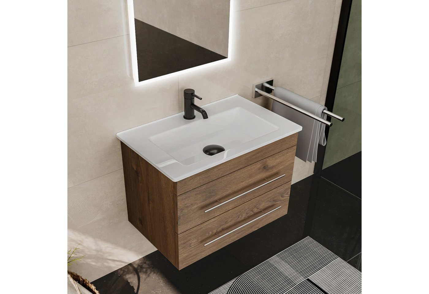 Alpenberger Badmöbel-Set Waschbecken mit Unterschrank - Waschbeckenunterschrank mit Schubladen, (Gäste WC Waschtisch Set, Badezimmer Möbel Set), Waschtisch mit Unterschrank Eiche - 60 cm Breit Bild 3