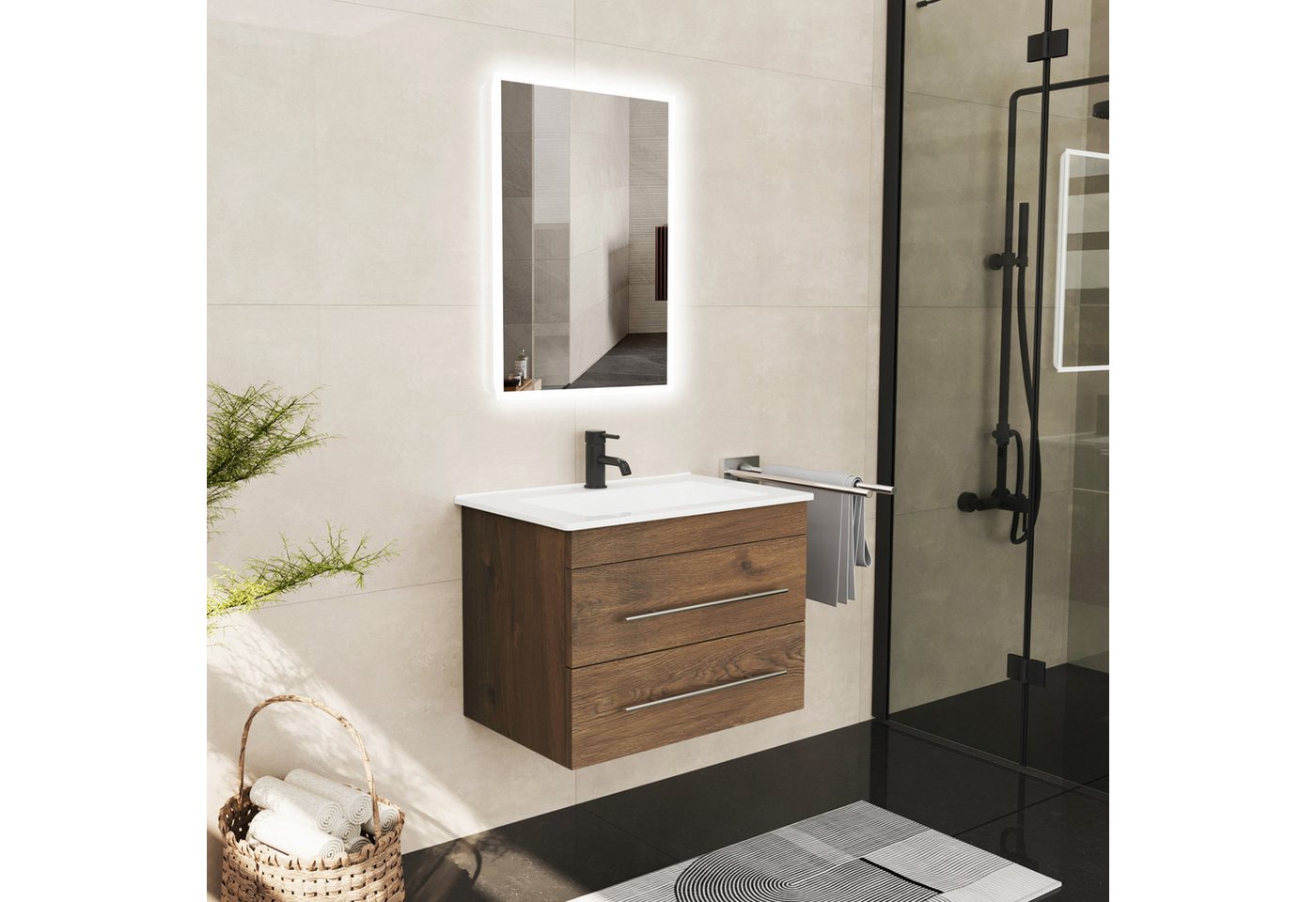 Alpenberger Badmöbel-Set Waschbecken mit Unterschrank - Waschbeckenunterschrank mit Schubladen, (Gäste WC Waschtisch Set, Badezimmer Möbel Set), Waschtisch mit Unterschrank Eiche - 60 cm Breit Bild 5
