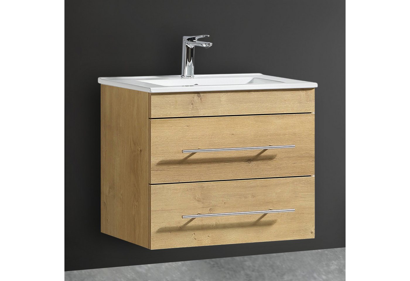 Alpenberger Badmöbel-Set Waschbecken mit Unterschrank - Waschbeckenunterschrank mit Schubladen, (Gästebadmöbel Set mit Waschbecken, Gäste WC Möbel Set), Waschtisch mit Unterschrank Eiche Natur 60 cm
