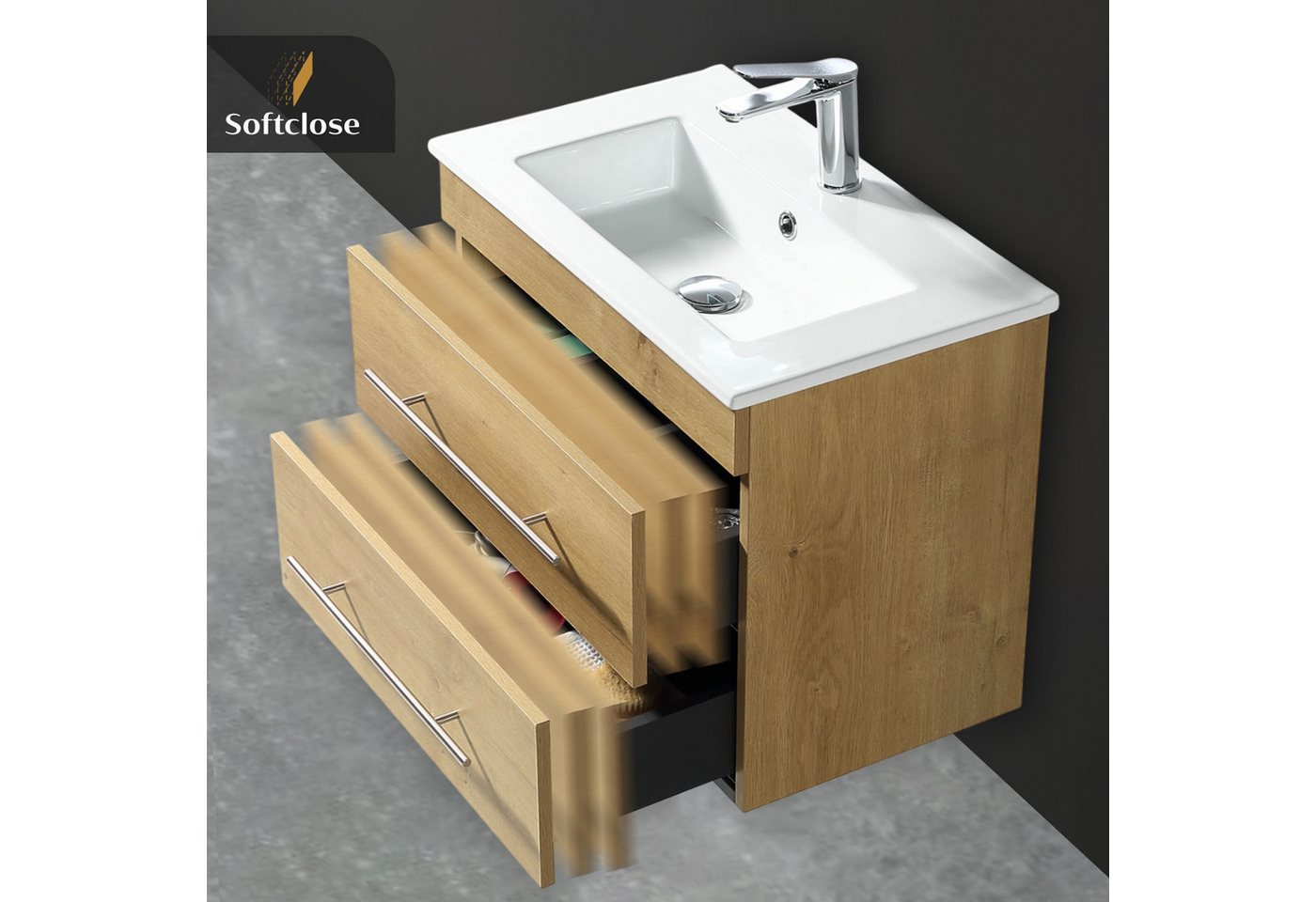 Alpenberger Badmöbel-Set Waschbecken mit Unterschrank - Waschbeckenunterschrank mit Schubladen, (Gästebadmöbel Set mit Waschbecken, Gäste WC Möbel Set), Waschtisch mit Unterschrank Eiche Natur 60 cm Bild 2
