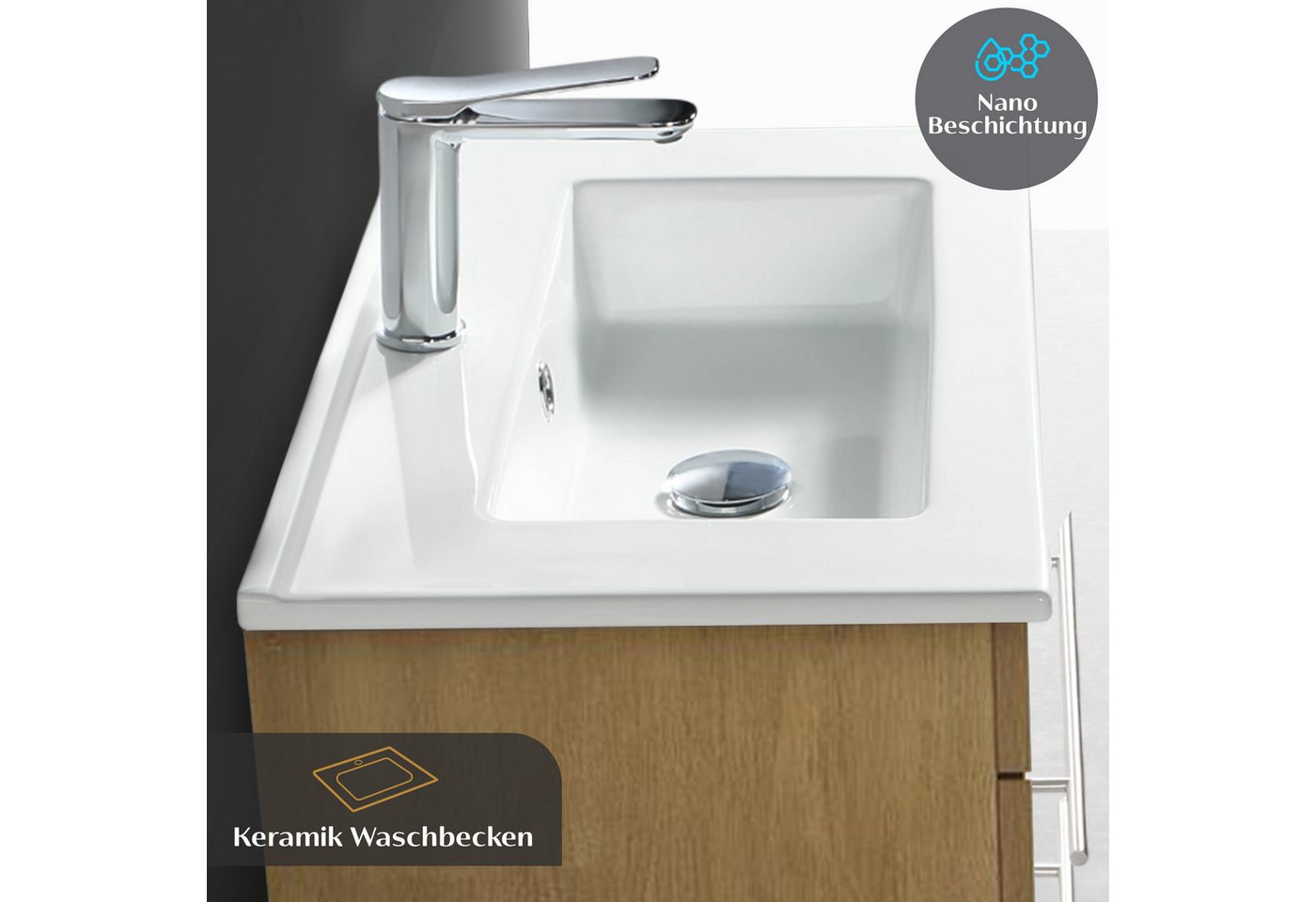 Alpenberger Badmöbel-Set Waschbecken mit Unterschrank - Waschbeckenunterschrank mit Schubladen, (Gästebadmöbel Set mit Waschbecken, Gäste WC Möbel Set), Waschtisch mit Unterschrank Eiche Natur 60 cm Bild 3