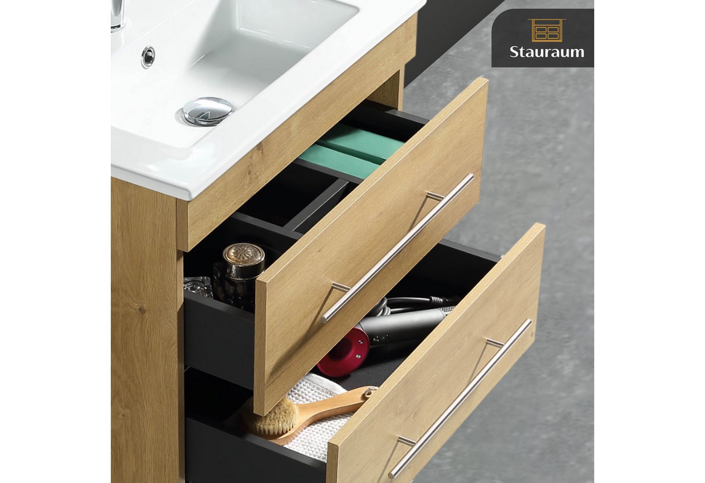 Alpenberger Badmöbel-Set Waschbecken mit Unterschrank - Waschbeckenunterschrank mit Schubladen, (Gästebadmöbel Set mit Waschbecken, Gäste WC Möbel Set), Waschtisch mit Unterschrank Eiche Natur 60 cm Bild 4