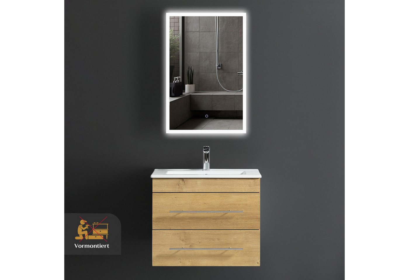 Alpenberger Badmöbel-Set Waschbecken mit Unterschrank - Waschbeckenunterschrank mit Schubladen, (Gästebadmöbel Set mit Waschbecken, Gäste WC Möbel Set), Waschtisch mit Unterschrank Eiche Natur 60 cm Bild 5
