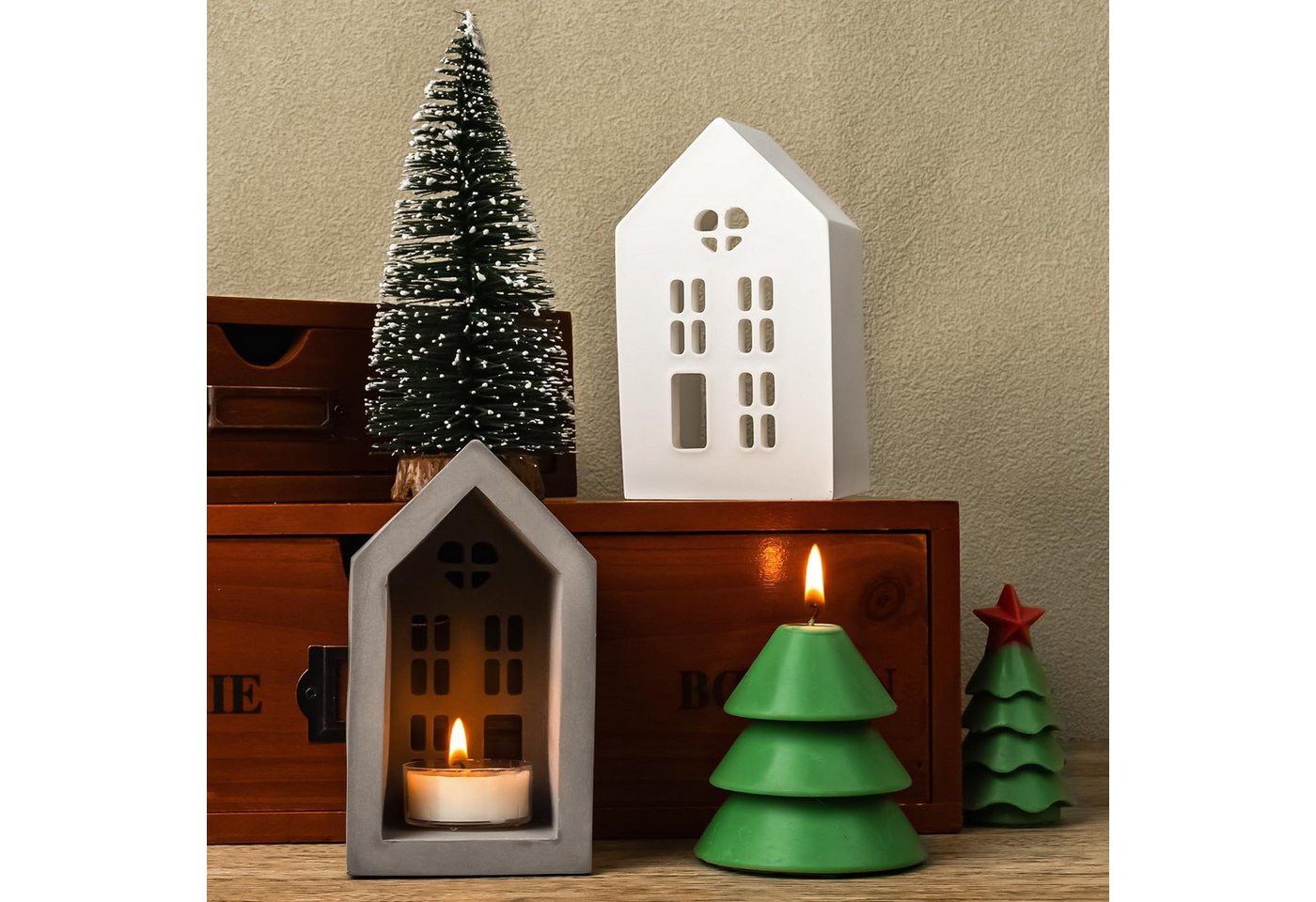 FOUORTUNATE-BEE Silikonform 3d Häuser Kerzenhalter Silikonform Teelichter Kerzenhalterform, (Gießformen Hausharzformen Gips Beton Kerzenhalterform), Weihnachtsgeschenke Dekoratives Kunsthandwerk