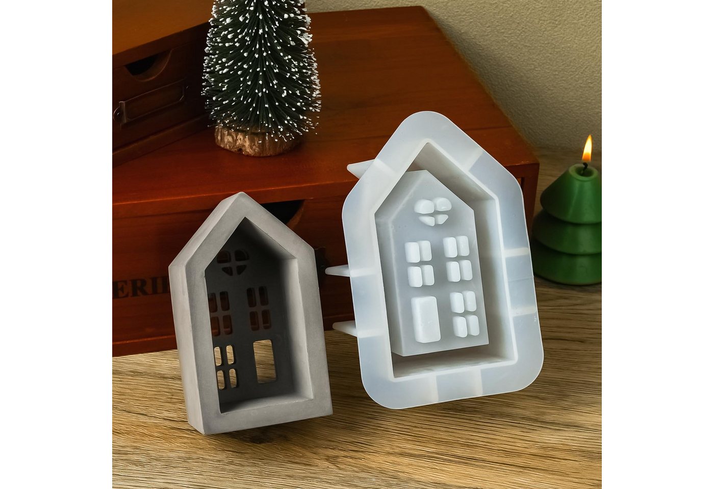 FOUORTUNATE-BEE Silikonform 3d Häuser Kerzenhalter Silikonform Teelichter Kerzenhalterform, (Gießformen Hausharzformen Gips Beton Kerzenhalterform), Weihnachtsgeschenke Dekoratives Kunsthandwerk Bild 5