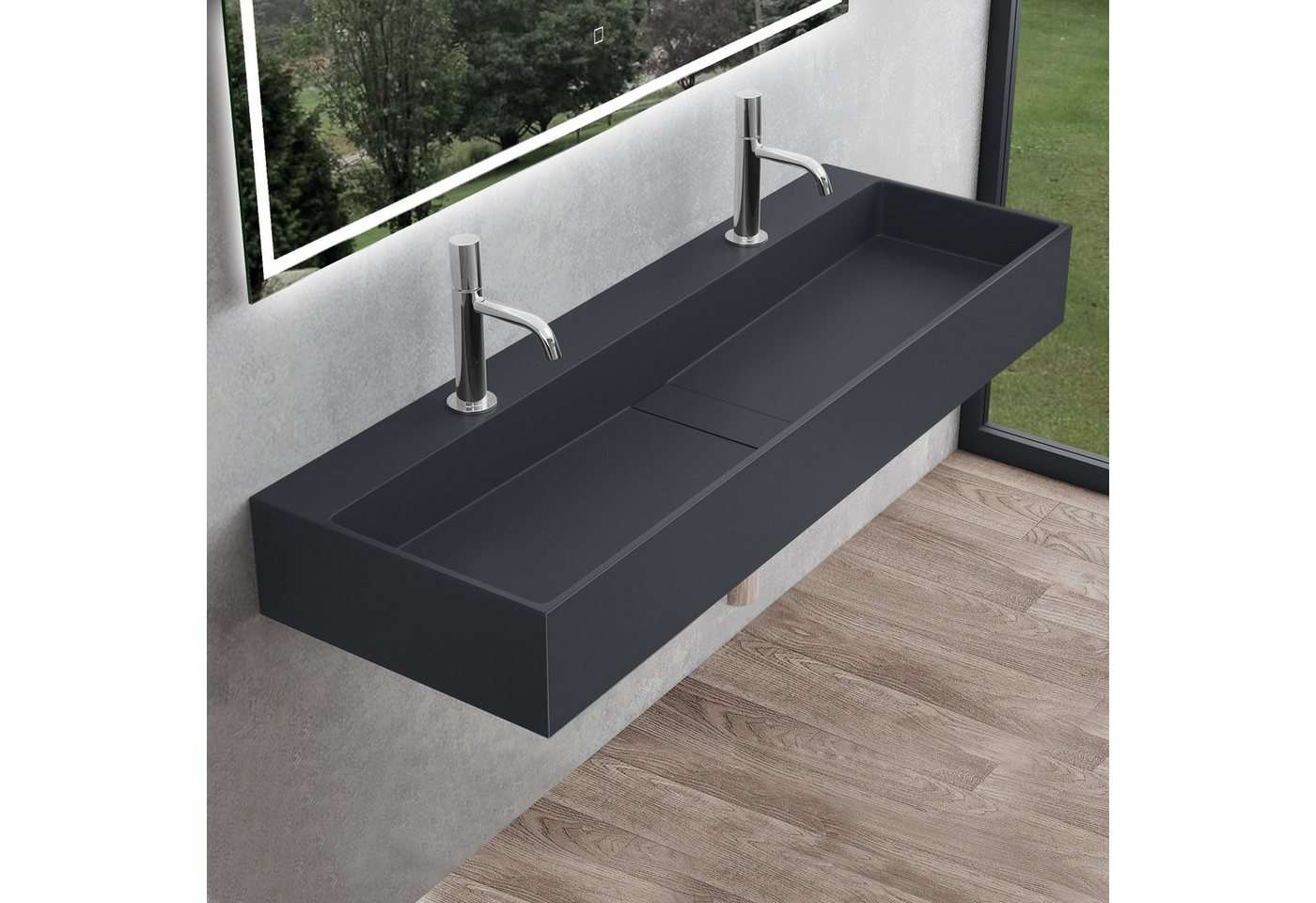 Mai & Mai Waschbecken Aufsatzwaschtisch Mineralguss 1/2 Armaturloch DIN col-6028, In einem Stück gegossen für maximale Stabilität und Langlebigkeit.