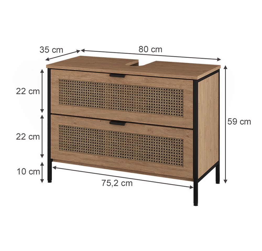Vicco Waschbeckenunterschrank Linara, Eiche/Schwarz, 80 x 59 cm Bild 3