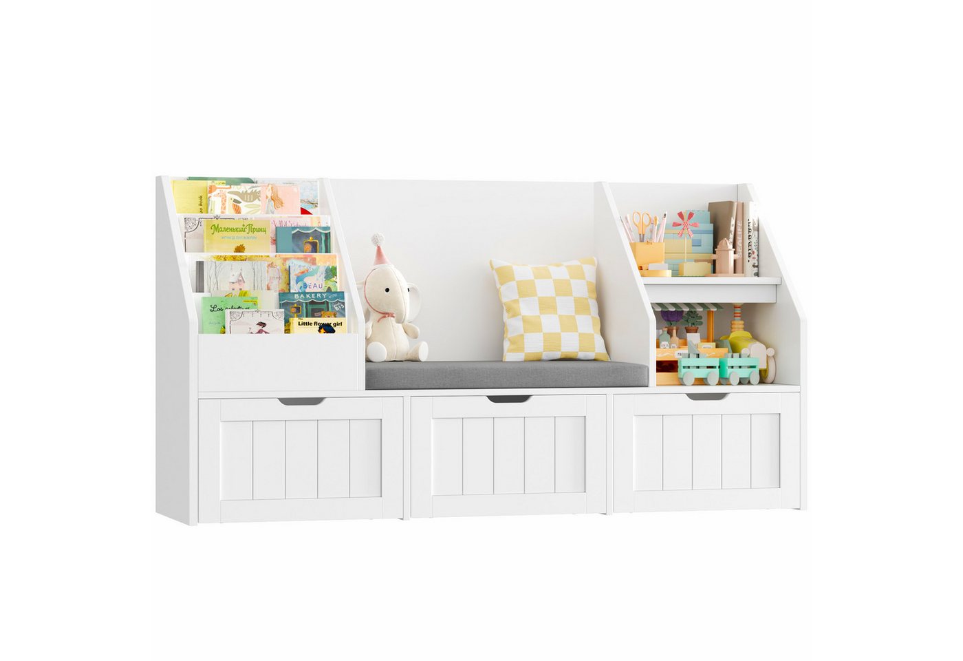 Homfa Kinderregal Sitzbank für Kinder mit 3 Schubladen auf Räder 140x80x39,5 cm, Spielzeugregal mit 2 offenen Fächern Kinderregal mit Bücherregal