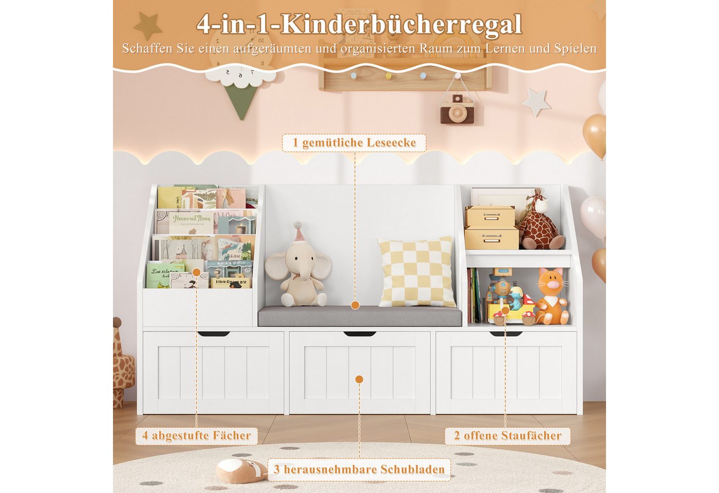 Homfa Kinderregal Sitzbank für Kinder mit 3 Schubladen auf Räder 140x80x39,5 cm, Spielzeugregal mit 2 offenen Fächern Kinderregal mit Bücherregal Bild 2