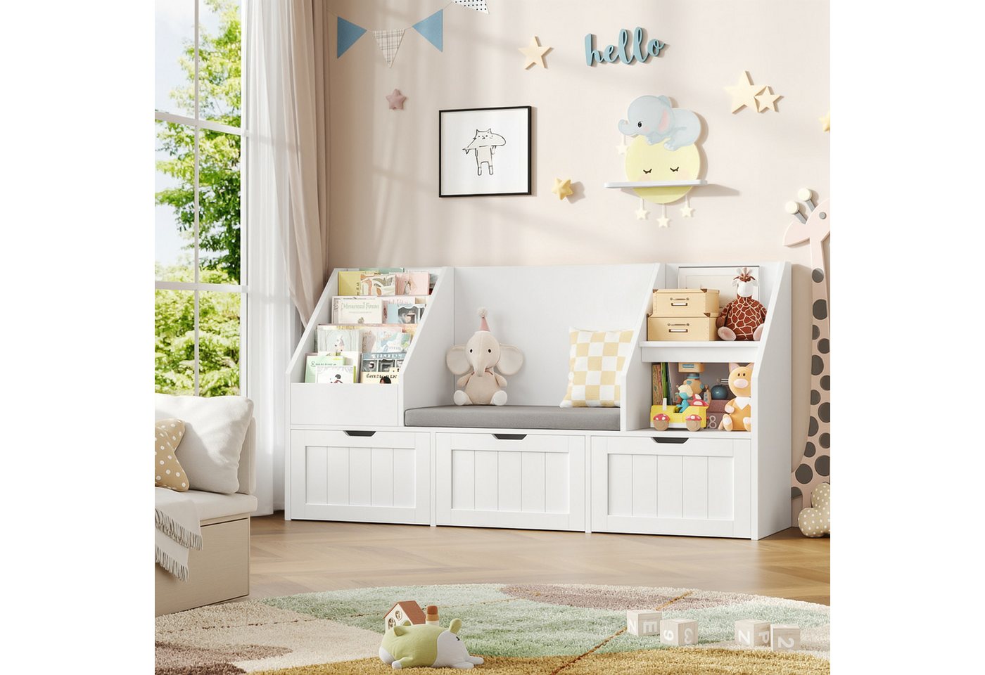 Homfa Kinderregal Sitzbank für Kinder mit 3 Schubladen auf Räder 140x80x39,5 cm, Spielzeugregal mit 2 offenen Fächern Kinderregal mit Bücherregal Bild 3