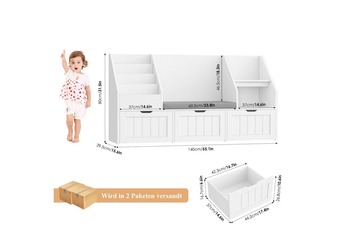 Homfa Kinderregal Sitzbank für Kinder mit 3 Schubladen auf Räder 140x80x39,5 cm, Spielzeugregal mit 2 offenen Fächern Kinderregal mit Bücherregal Bild 4