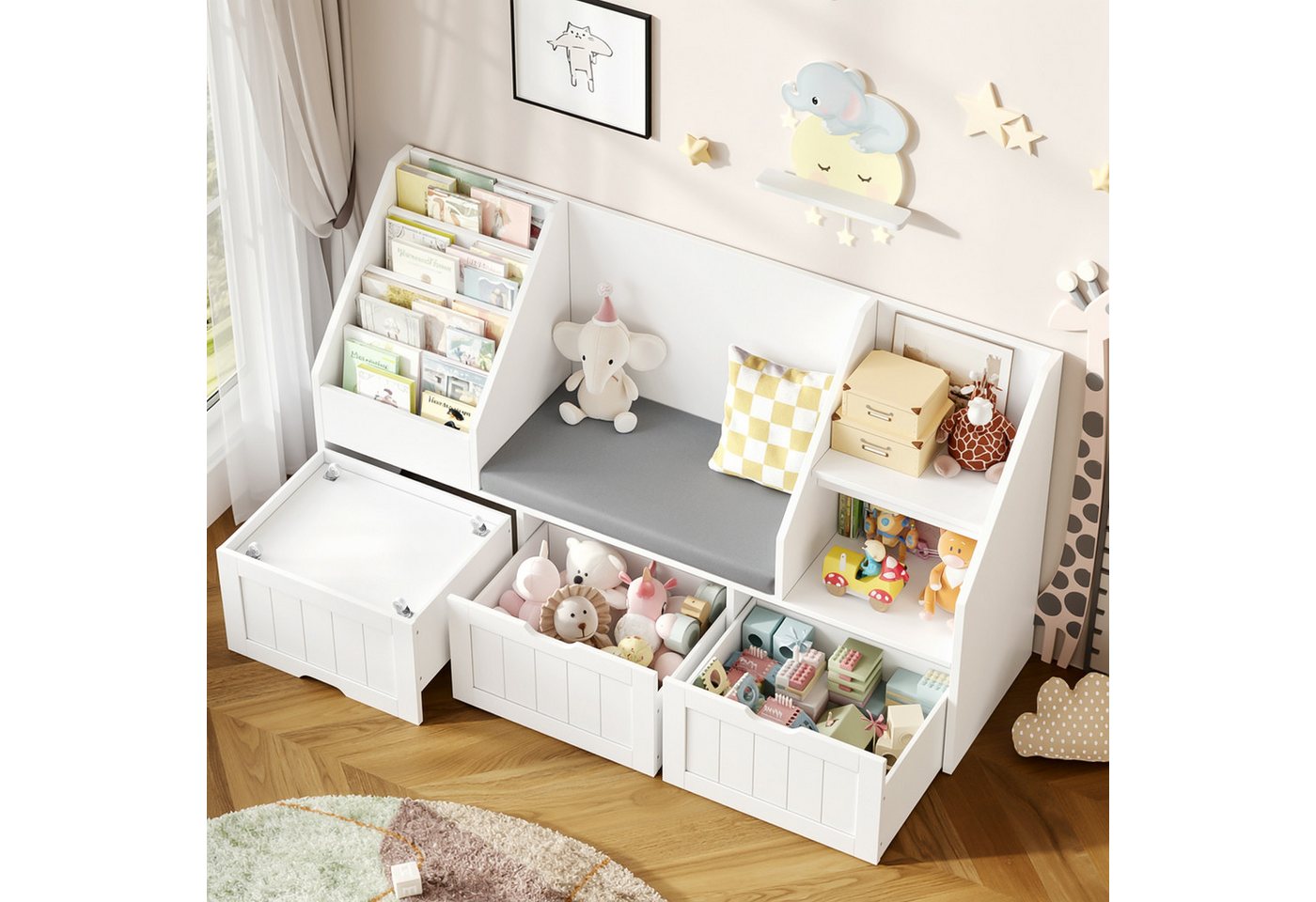 Homfa Kinderregal Sitzbank für Kinder mit 3 Schubladen auf Räder 140x80x39,5 cm, Spielzeugregal mit 2 offenen Fächern Kinderregal mit Bücherregal Bild 5