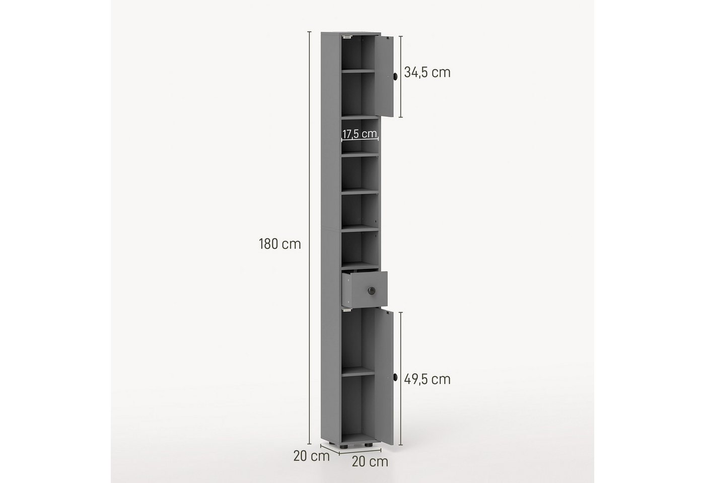Kleankin Badkommode Hochschrank, Toilettenschrank, 4 offene Fächer, für kleine Räume (schmaler Badezimmer-Aufbewahrungsschrank, 1 St., mit Schublade, verstellbaren Regalen), 20 x 20 x 180 cm, Grau