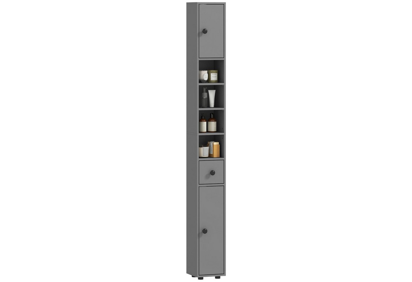 Kleankin Badkommode Hochschrank, Toilettenschrank, 4 offene Fächer, für kleine Räume (schmaler Badezimmer-Aufbewahrungsschrank, 1 St., mit Schublade, verstellbaren Regalen), 20 x 20 x 180 cm, Grau Bild 2