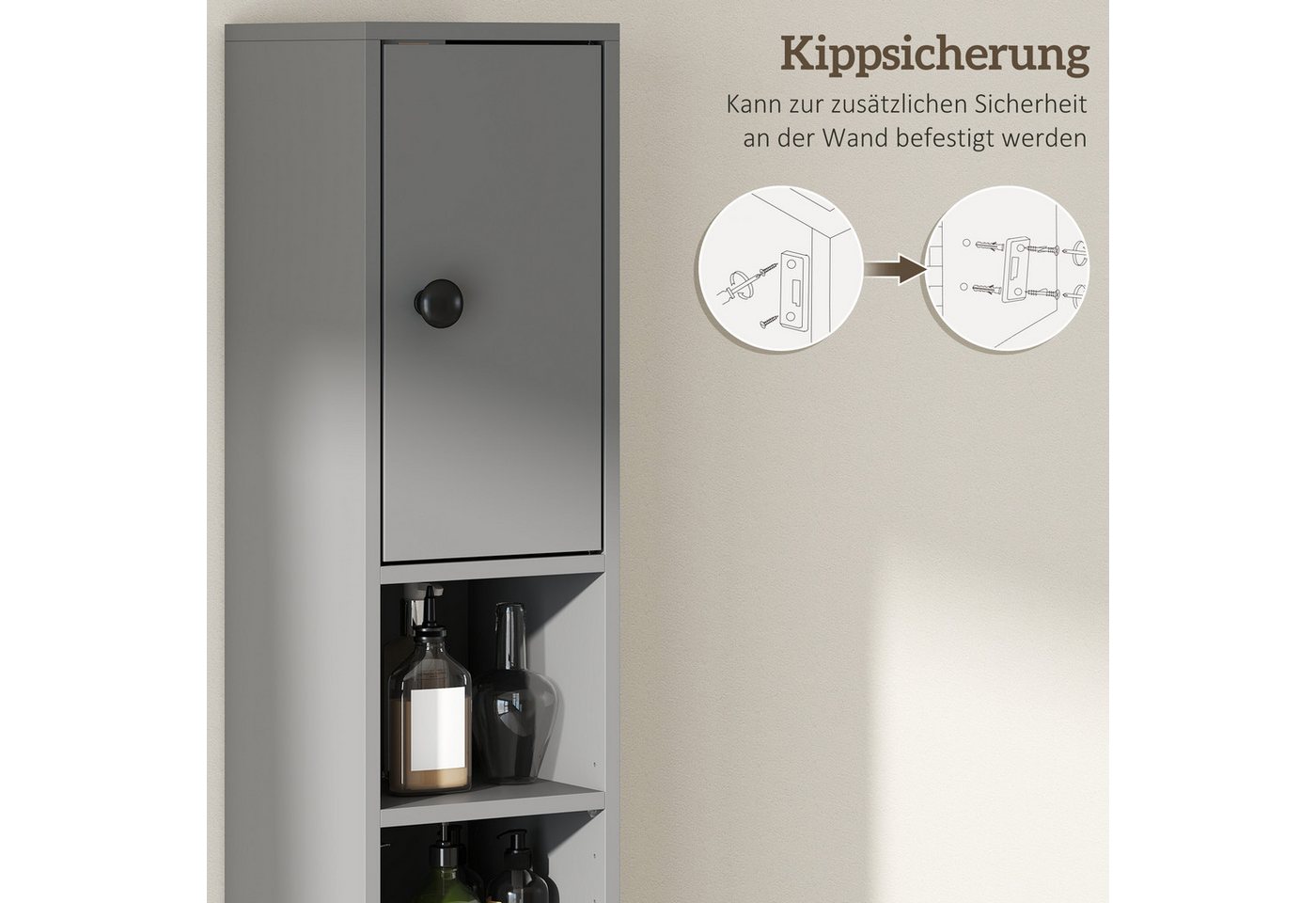 Kleankin Badkommode Hochschrank, Toilettenschrank, 4 offene Fächer, für kleine Räume (schmaler Badezimmer-Aufbewahrungsschrank, 1 St., mit Schublade, verstellbaren Regalen), 20 x 20 x 180 cm, Grau Bild 3