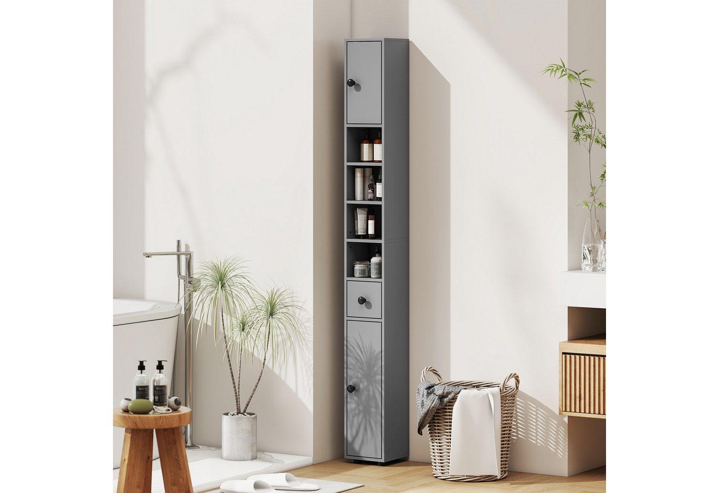 Kleankin Badkommode Hochschrank, Toilettenschrank, 4 offene Fächer, für kleine Räume (schmaler Badezimmer-Aufbewahrungsschrank, 1 St., mit Schublade, verstellbaren Regalen), 20 x 20 x 180 cm, Grau Bild 5