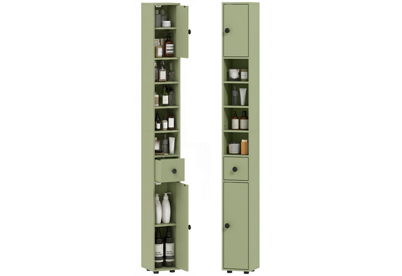 Kleankin Badkommode Hochschrank Toilettenschrank (schmaler Badezimmer-Aufbewahrungsschrank, 1 St., mit Schublade, verstellbaren Regalen), 20 x 20 x 180 cm, Grün Bild 2