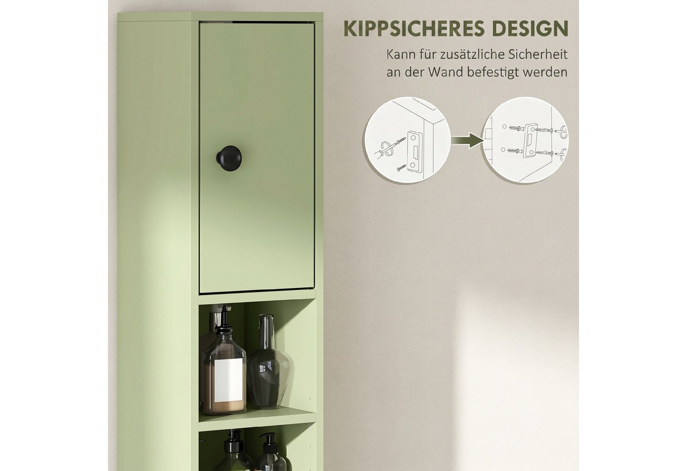 Kleankin Badkommode Hochschrank Toilettenschrank (schmaler Badezimmer-Aufbewahrungsschrank, 1 St., mit Schublade, verstellbaren Regalen), 20 x 20 x 180 cm, Grün Bild 3