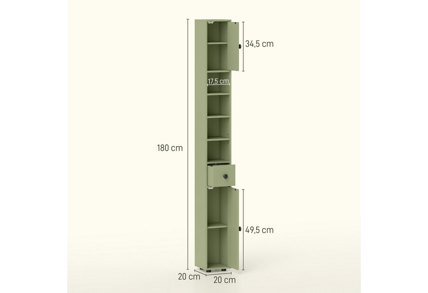 Kleankin Badkommode Hochschrank Toilettenschrank (schmaler Badezimmer-Aufbewahrungsschrank, 1 St., mit Schublade, verstellbaren Regalen), 20 x 20 x 180 cm, Grün Bild 4