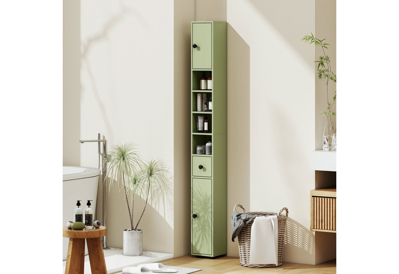 Kleankin Badkommode Hochschrank Toilettenschrank (schmaler Badezimmer-Aufbewahrungsschrank, 1 St., mit Schublade, verstellbaren Regalen), 20 x 20 x 180 cm, Grün Bild 5