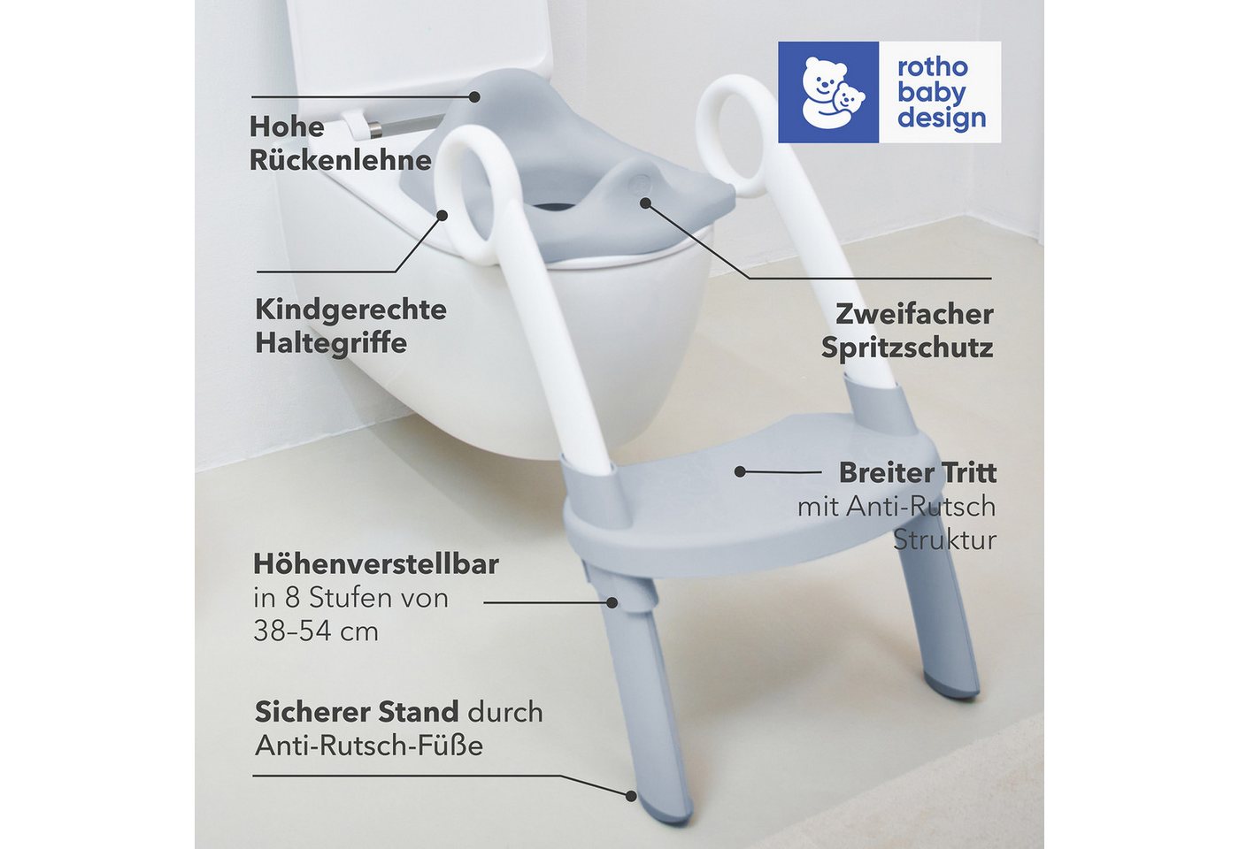 Rotho Babydesign Toilettentrainer TOP XTRA WC-Hilfe für Kinder– 2-in-1 WC-Sitz mit Leiter, Ergonomischer Lehne, höhenverstellbar & klappbar mit Griffen Bild 3