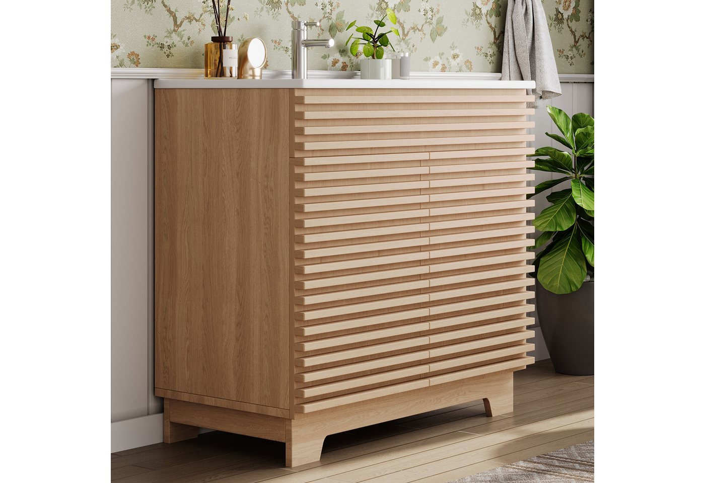 Flieks Waschtisch Waschbeckenunterschrank mit eingebauten Regalen & 3D-Horizontalstreben (91x46x80 cm, 1-St., bodenstehend, Badzimmer Doppeltürschrank mit Soft-Close-Scharnieren), Badmöbel Badezimmerschrank mit Türablagen Waschbecken Natur Bild 2