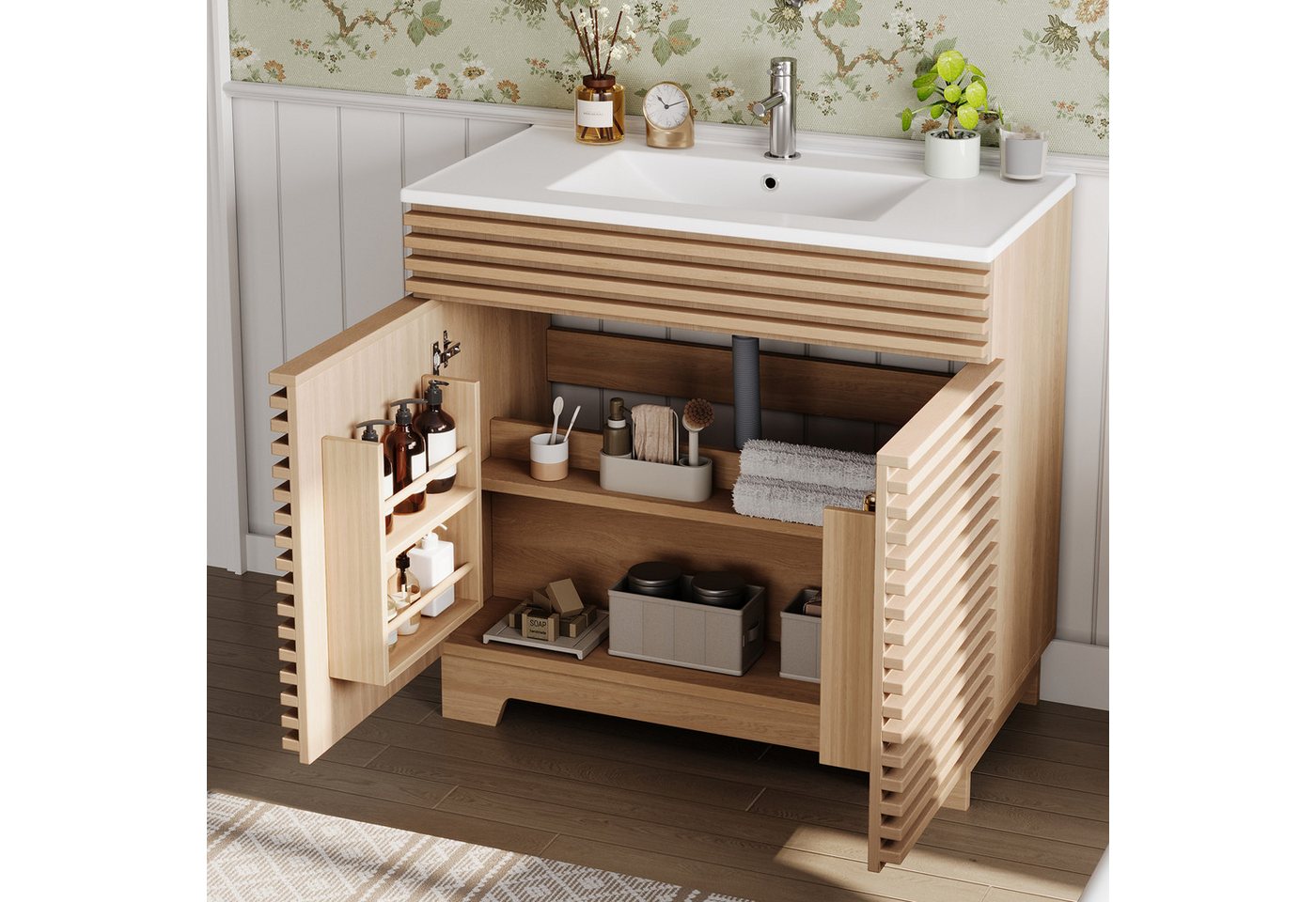 Flieks Waschtisch Waschbeckenunterschrank mit eingebauten Regalen & 3D-Horizontalstreben (91x46x80 cm, 1-St., bodenstehend, Badzimmer Doppeltürschrank mit Soft-Close-Scharnieren), Badmöbel Badezimmerschrank mit Türablagen Waschbecken Natur Bild 3