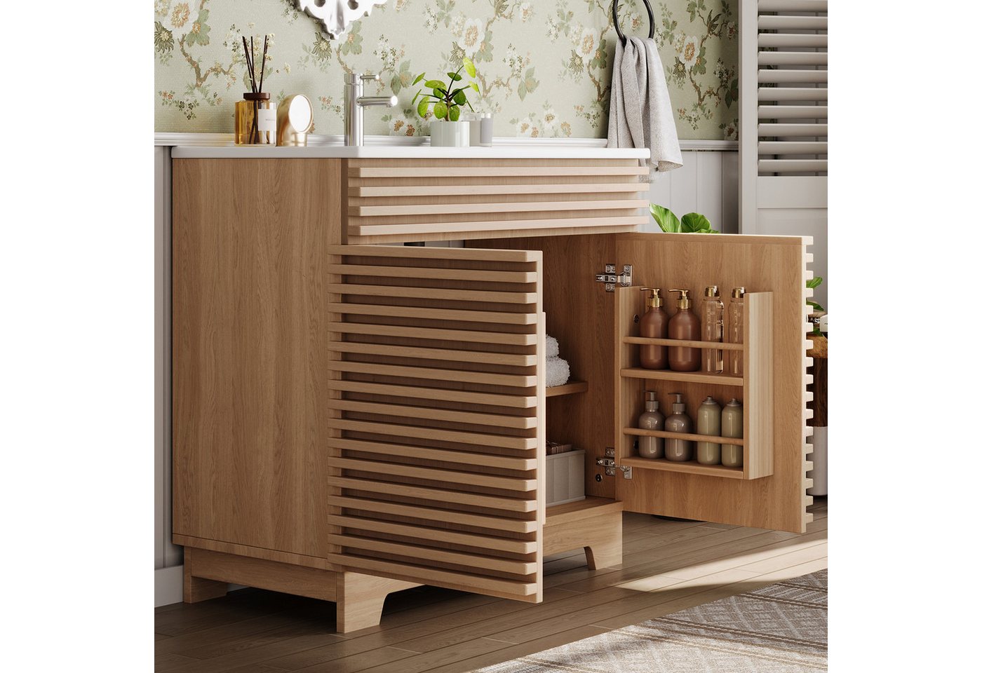 Flieks Waschtisch Waschbeckenunterschrank mit eingebauten Regalen & 3D-Horizontalstreben (91x46x80 cm, 1-St., bodenstehend, Badzimmer Doppeltürschrank mit Soft-Close-Scharnieren), Badmöbel Badezimmerschrank mit Türablagen Waschbecken Natur Bild 4