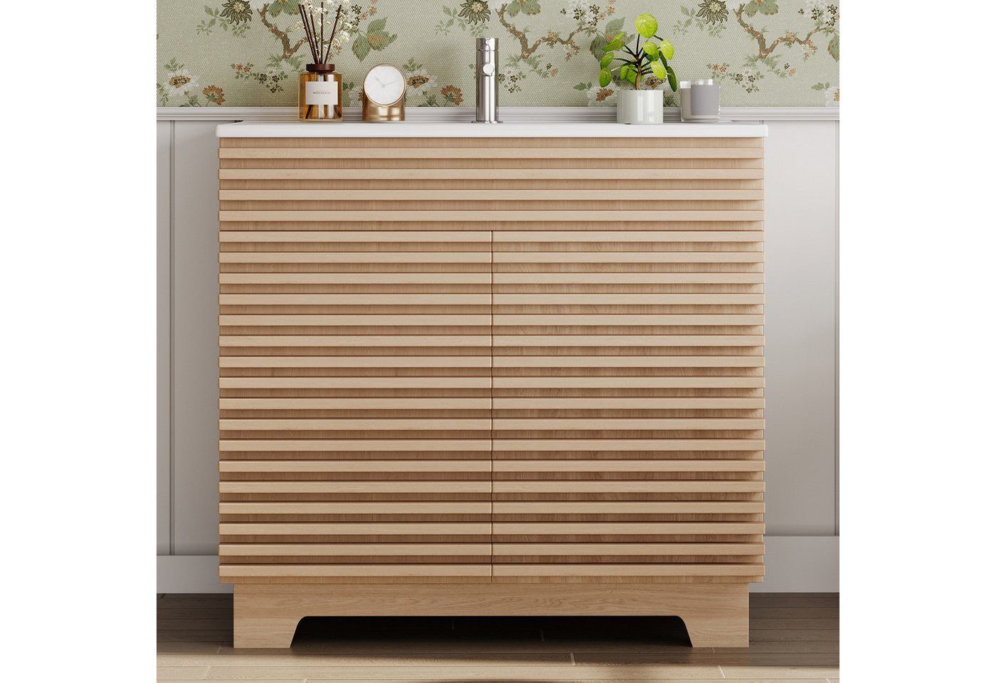 Flieks Waschtisch Waschbeckenunterschrank mit eingebauten Regalen & 3D-Horizontalstreben (91x46x80 cm, 1-St., bodenstehend, Badzimmer Doppeltürschrank mit Soft-Close-Scharnieren), Badmöbel Badezimmerschrank mit Türablagen Waschbecken Natur Bild 5