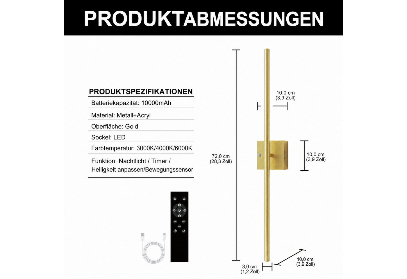 LOHAS-LED Wandleuchte Akku LED Wandleuchte Linear Gold 72 cm, 3 CCT dimmbar, Nachtlicht / Timer / Helligkeit anpassen / Bewegungssensor, LED fest integriert, Warmweiß, Tagesweiß, Kaltweiß, Touch & Fernbedienung, 10000mAh Batterie mit Sensor