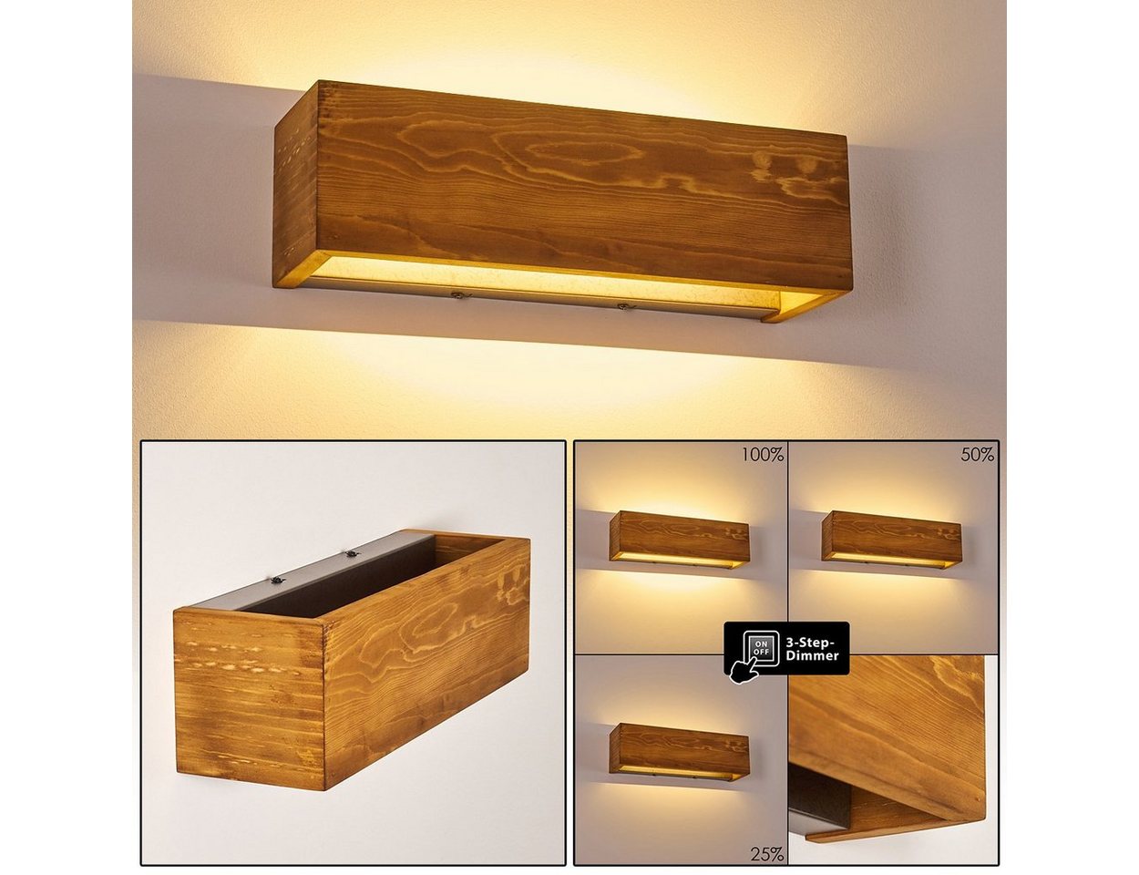 hofstein Wandleuchte »Volano« LED Wandlampe dimmbare aus Holz/Metall in Braun/Grau, 3000 Kelvin, 13, 5 Watt, 1800 Lumen, längliche Innen. Up&Down Effekt an der Wand