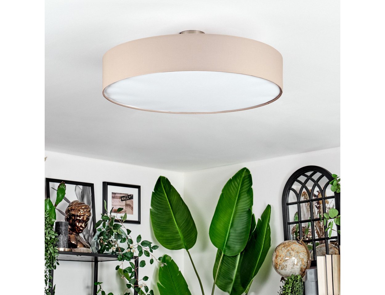 hofstein Deckenleuchte Deckenlampe aus Metall/Stoff/Kunststoff in Nickel-matt/Beige/Weiß, ohne Leuchtmittel, runde Leuchte im Boho-Design (60 cm), E27, Esszimmer, Wohnzimmer Bild 2