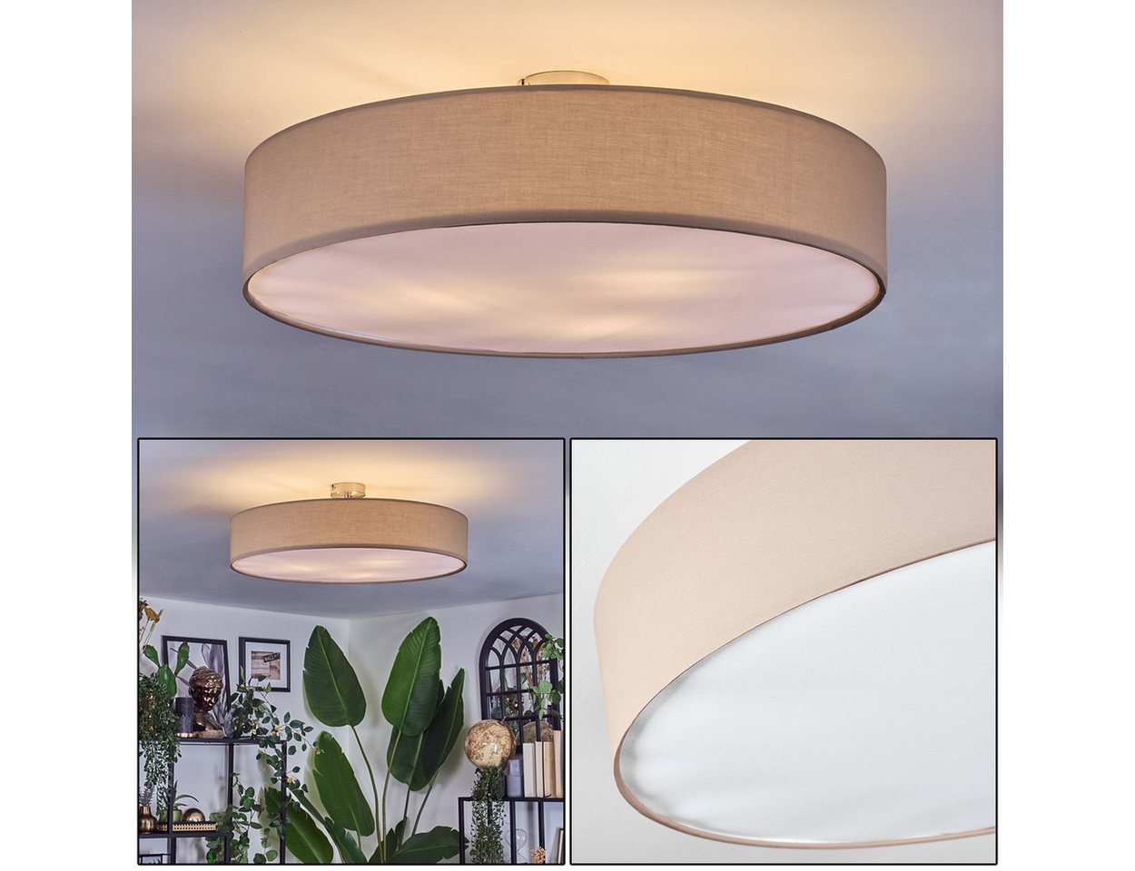 hofstein Deckenleuchte Deckenlampe aus Metall/Stoff/Kunststoff in Nickel-matt/Beige/Weiß, ohne Leuchtmittel, runde Leuchte im Boho-Design (60 cm), E27, Esszimmer, Wohnzimmer Bild 3