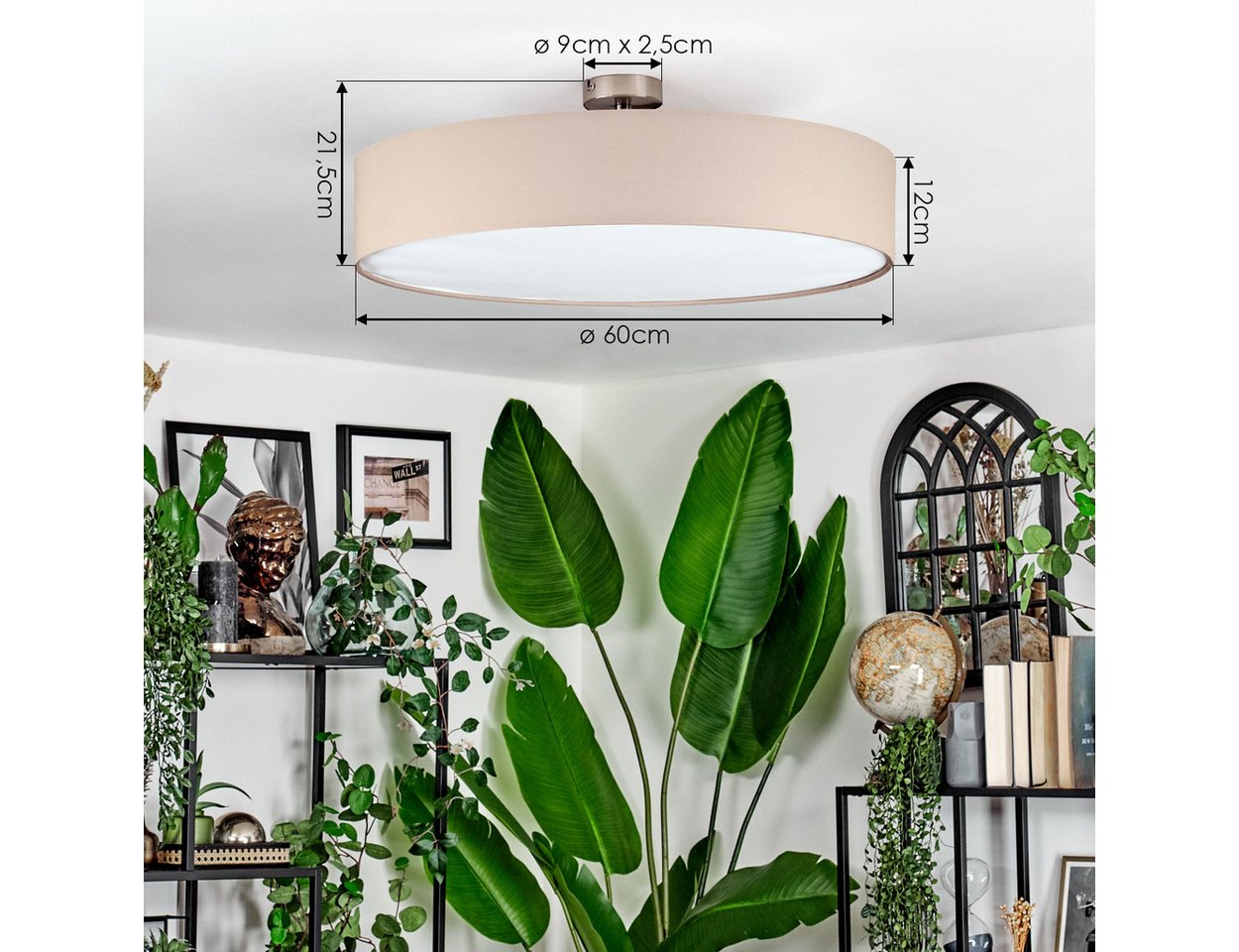 hofstein Deckenleuchte Deckenlampe aus Metall/Stoff/Kunststoff in Nickel-matt/Beige/Weiß, ohne Leuchtmittel, runde Leuchte im Boho-Design (60 cm), E27, Esszimmer, Wohnzimmer Bild 4