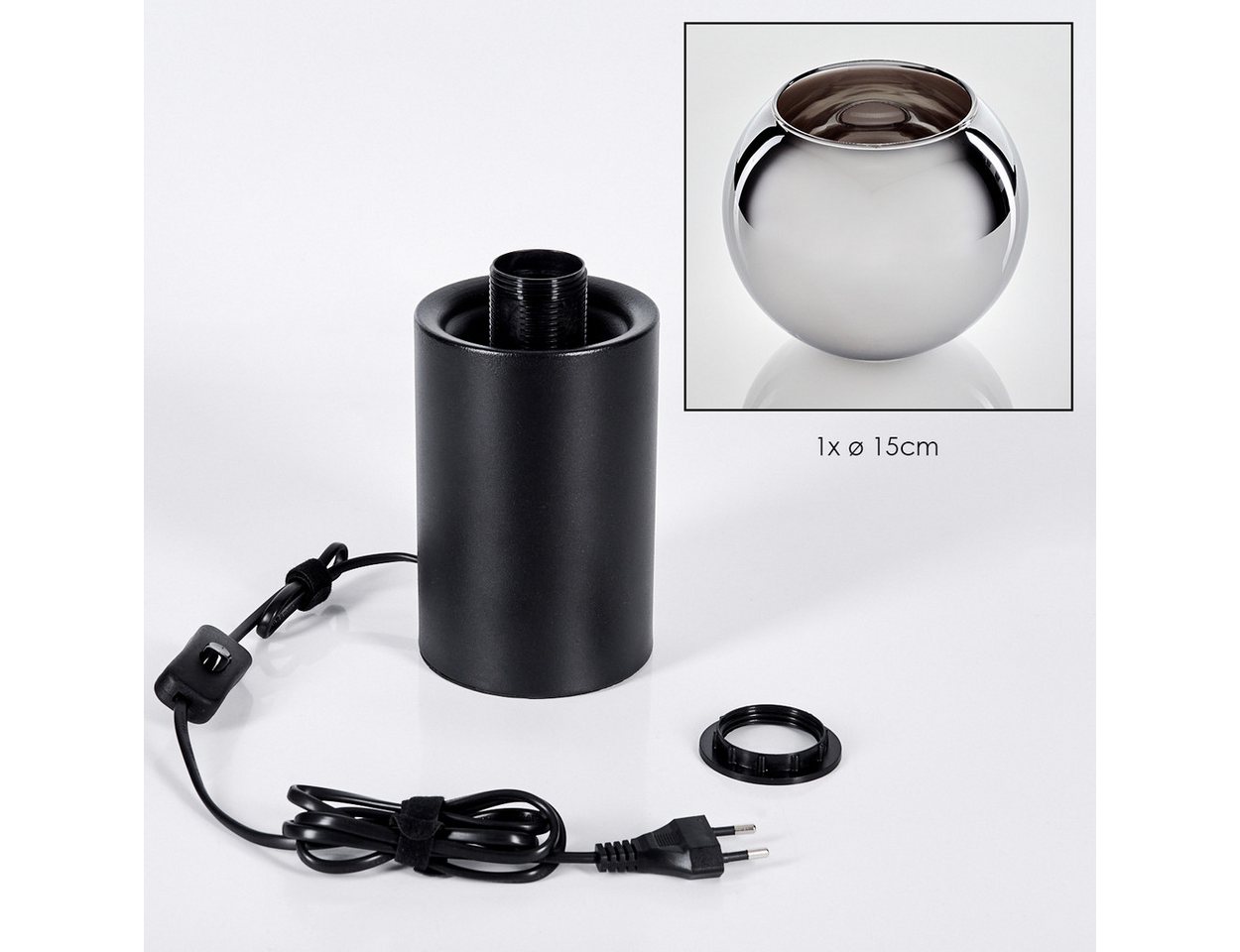 hofstein Tischleuchte Tischlampe aus Metall/Glas in Schwarz/Chrom-/Rauchfarben, ohne Leuchtmittel, Leuchte im Retro/Vintage-Design mit Glasschirm (15 cm), 1 x E14 Bild 2