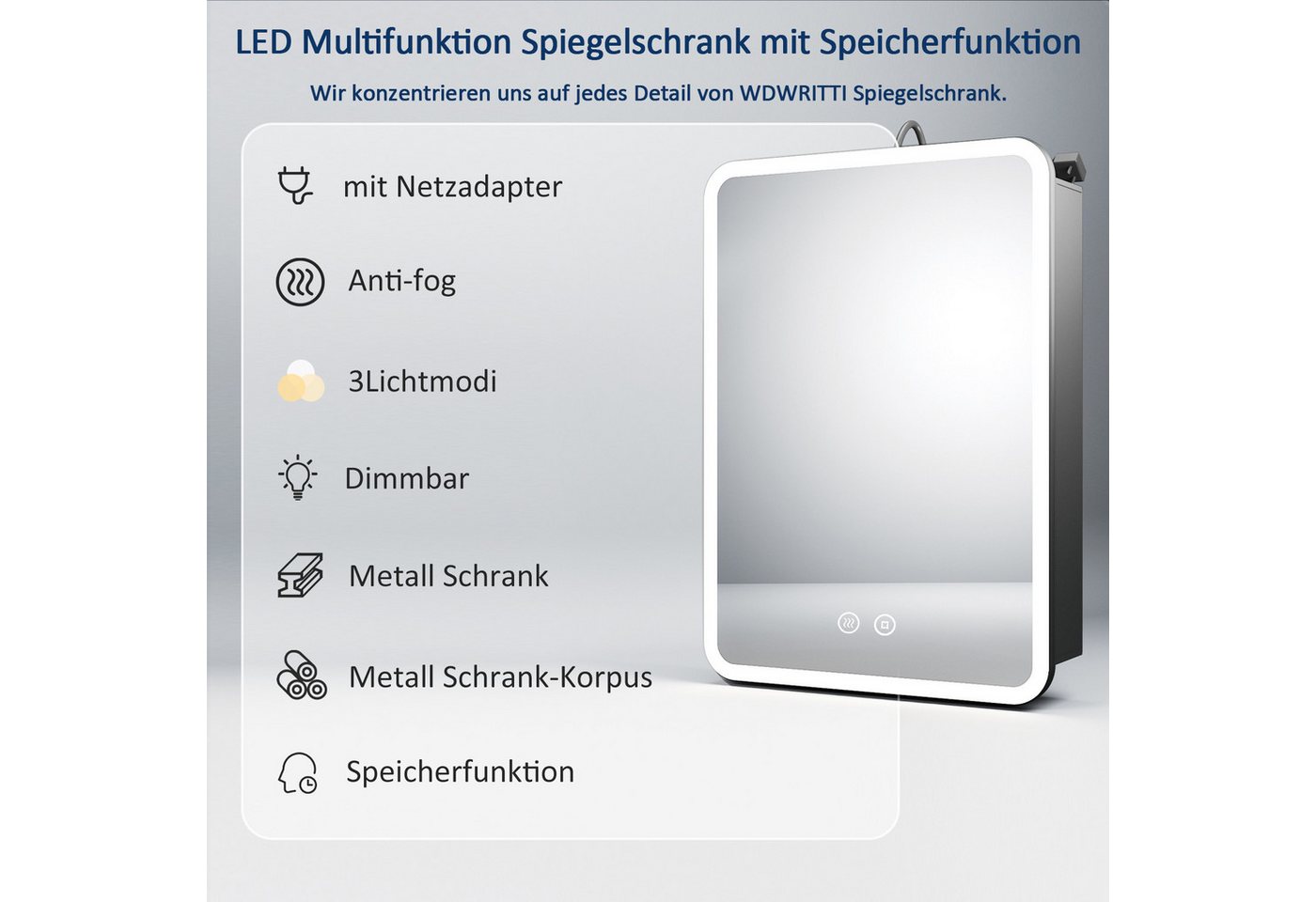 WDWRITTI Spiegelschrank mit beleuchtung 3Lichtmodi Dimmbar Badezimmerspiegelschrank LED 50x70 (LED Wandschrank Hängeschrank Schwarz 1 türig, Speicherfunktion, Doppelseitiger Spiegel) Soft-Close-Funktion, IP44, mit Netzstecker