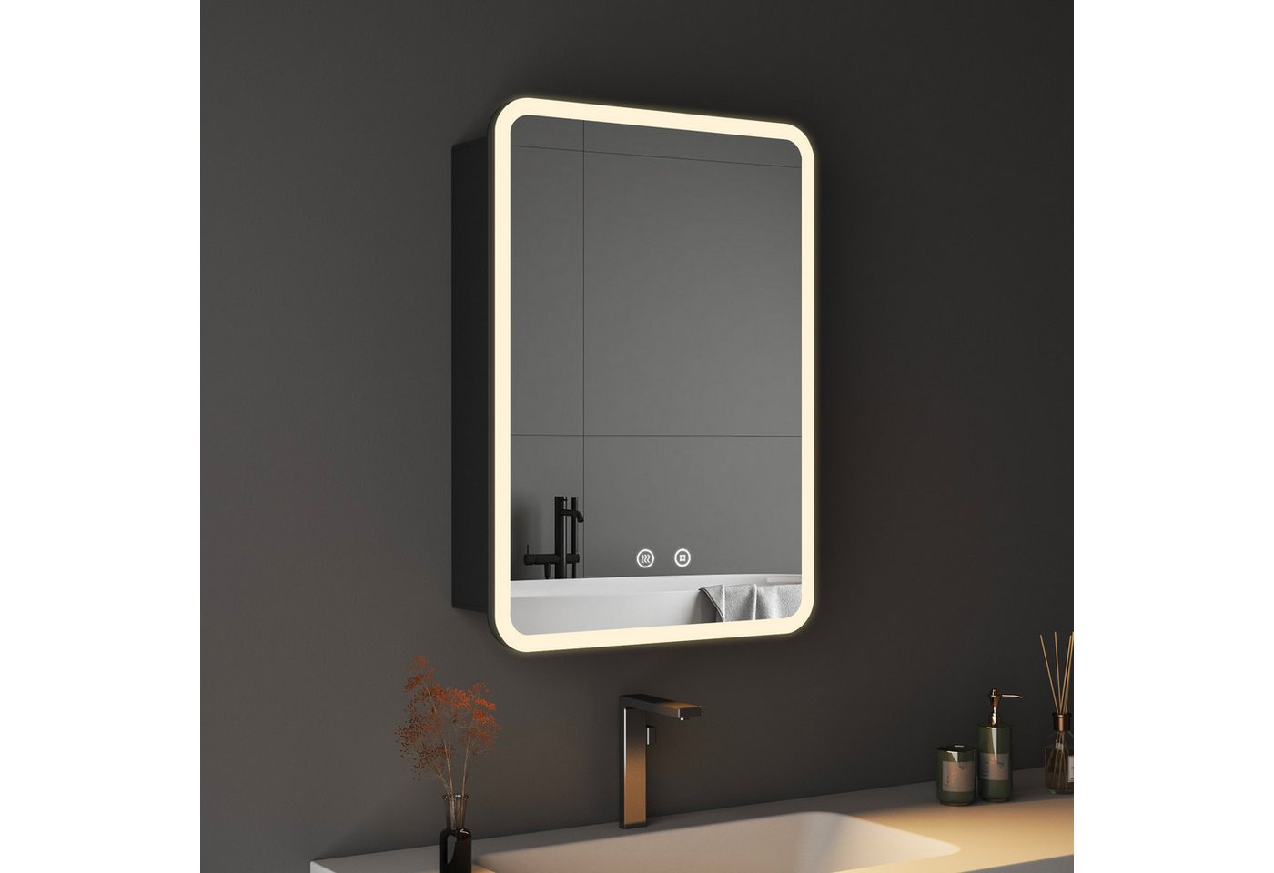 WDWRITTI Spiegelschrank mit beleuchtung 3Lichtmodi Dimmbar Badezimmerspiegelschrank LED 50x70 (LED Wandschrank Hängeschrank Schwarz 1 türig, Speicherfunktion, Doppelseitiger Spiegel) Soft-Close-Funktion, IP44, mit Netzstecker Bild 4
