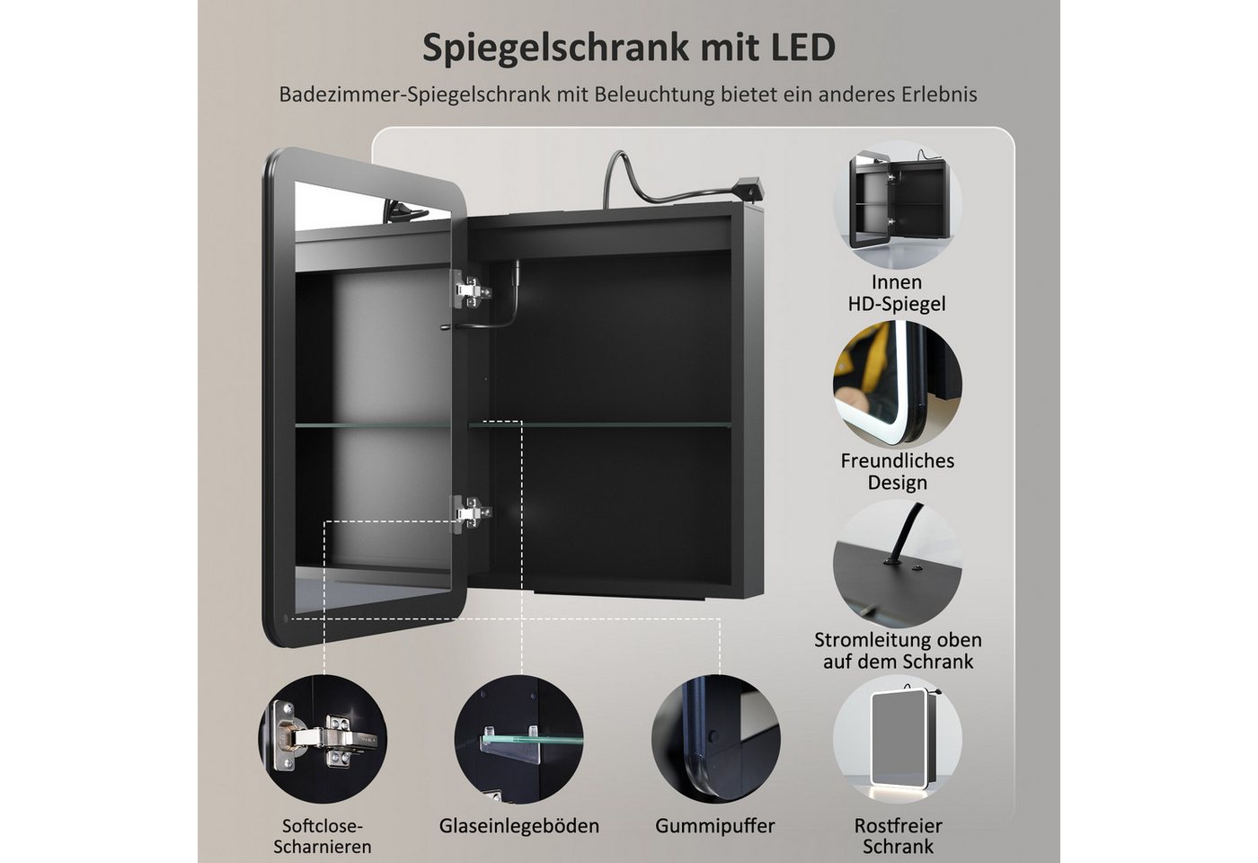 WDWRITTI Spiegelschrank mit beleuchtung 3Lichtmodi Dimmbar Badezimmerspiegelschrank LED 50x70 (LED Wandschrank Hängeschrank Schwarz 1 türig, Speicherfunktion, Doppelseitiger Spiegel) Soft-Close-Funktion, IP44, mit Netzstecker Bild 5