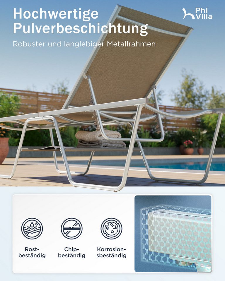 PHI VILLA Gartenliege, Freizeitliege für den Außenbereich mit 5-fach verstellbarer Rückenlehne, 2 St., 198,5 × 69 × 45 cm wetterfester Liegestuhl, Geeignet für Gärten, Balkone und Terrassen Bild 3