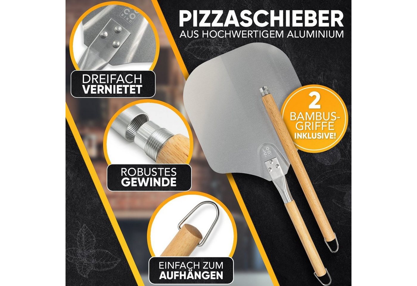 Sidorenko Pizzaschieber aus rostfreiem Aluminium, Pizzaheber mit abgerundeten Kanten