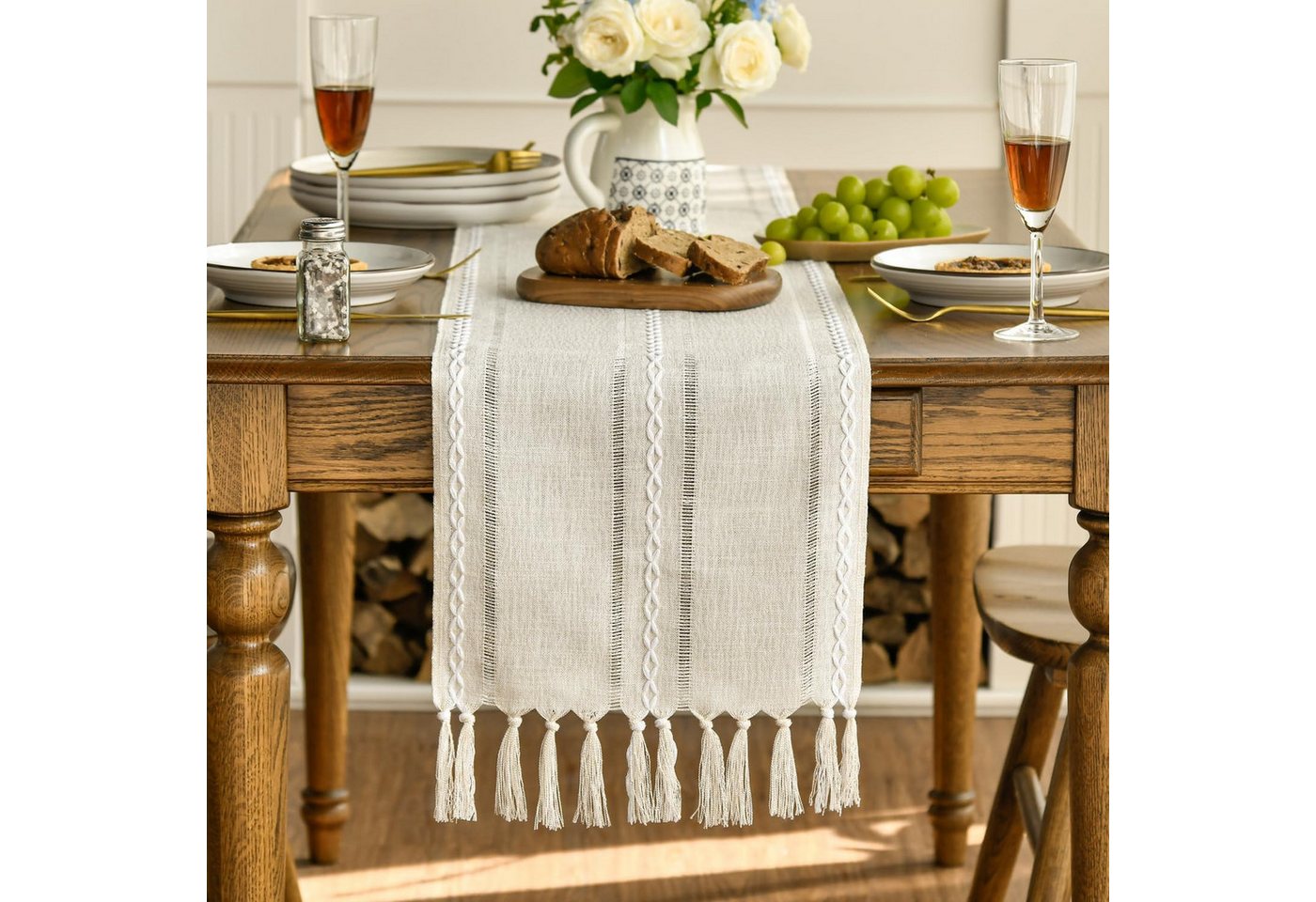 FOUORTUNATE-BEE Tischläufer Mode Boho Creme Landhausstil Quasten Tischläufer (Waschbar Tisch Dekoration, Party Geburtstag Valentinstag Hochzeit Dekor) Bild 2