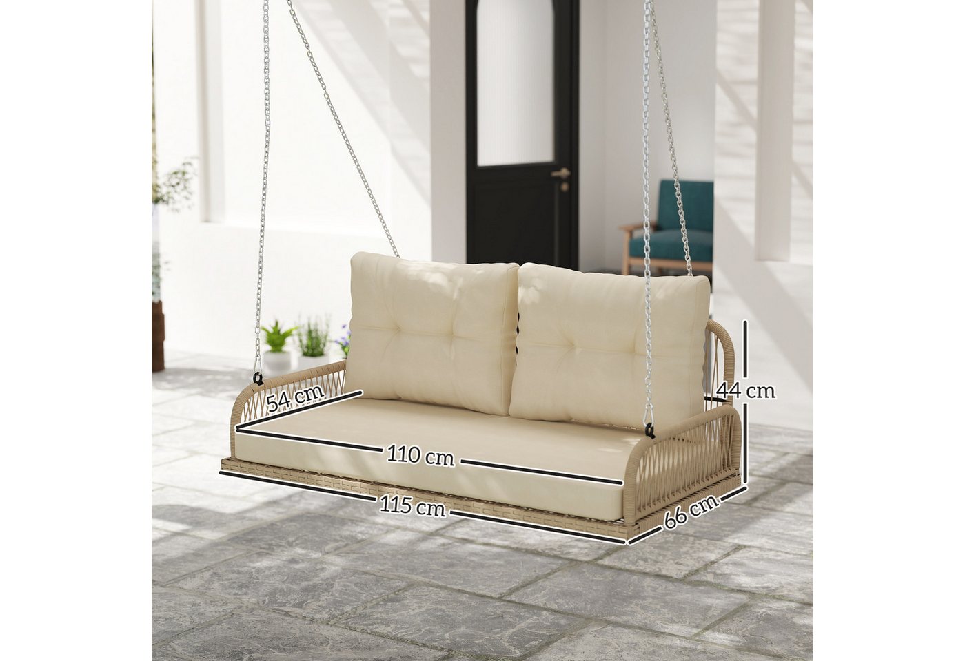 Outsunny Hollywoodschaukel mit Kissen, Ketten, bis 240 kg belastbar, 2-Sitzer, Schaukeln, Rattan Gartenschaukel, 1 tlg., 2-Sitzer Hängebank, für Garten, Balkon, 115 x 66 x 44 cm, Beige
